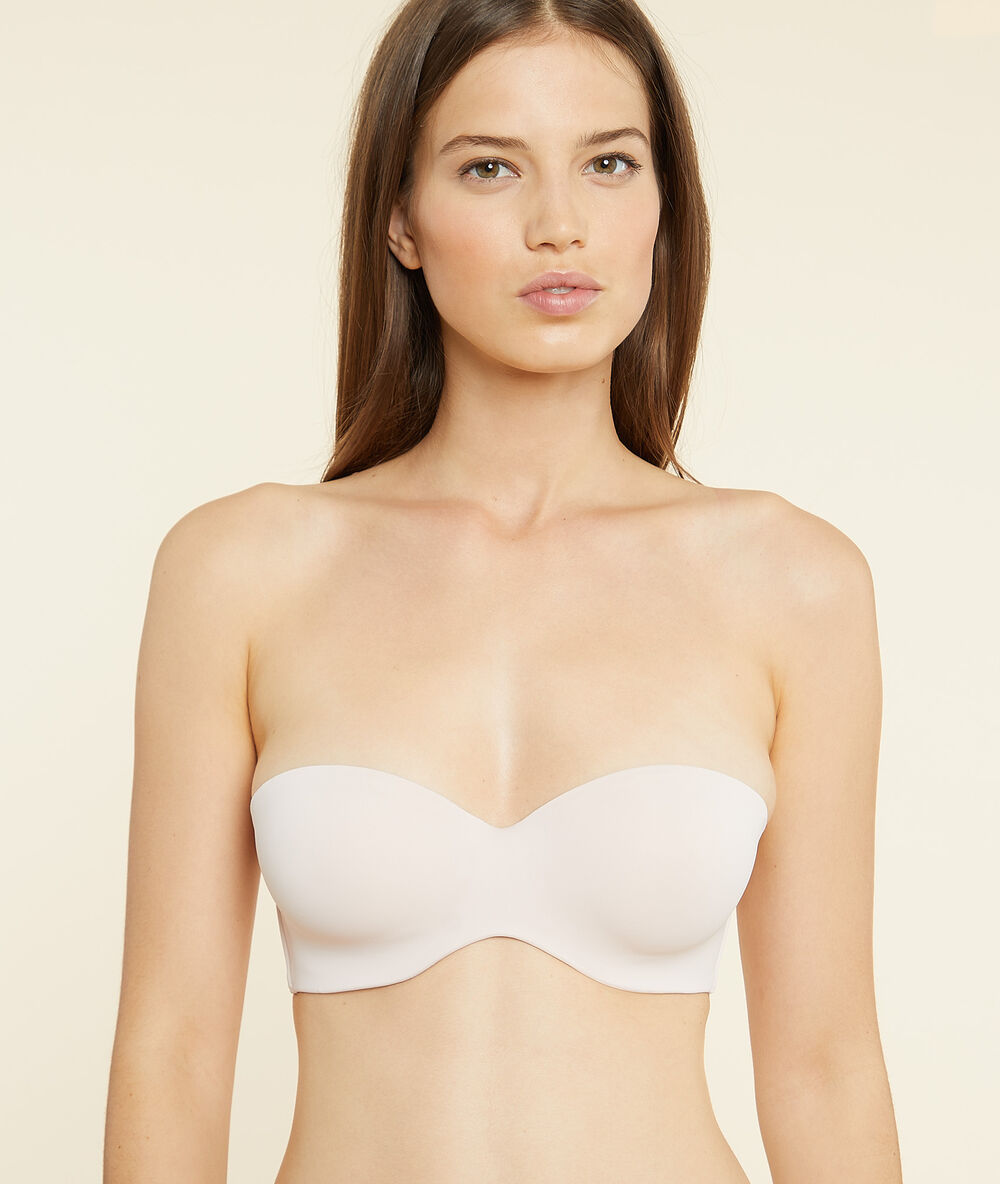 Bandeau à coques fines, bretelles amovibles, bonnets c et d rose poudre.