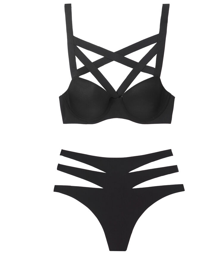 Soutien-gorge coques fines néoprène à lanières noir.