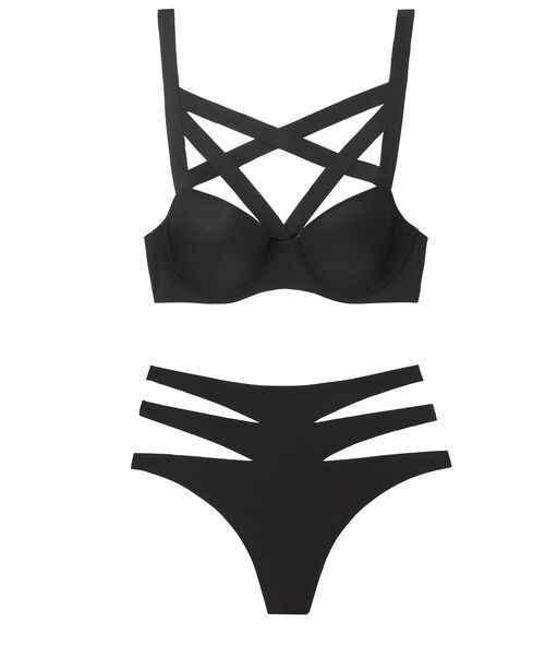 Soutien-gorge coque fine néoprène à lanières noir.