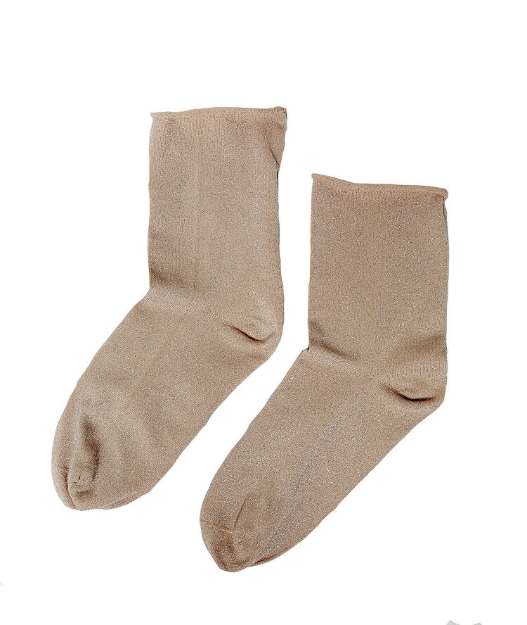 Chaussettes courtes à fibres métallisées rose poudre.