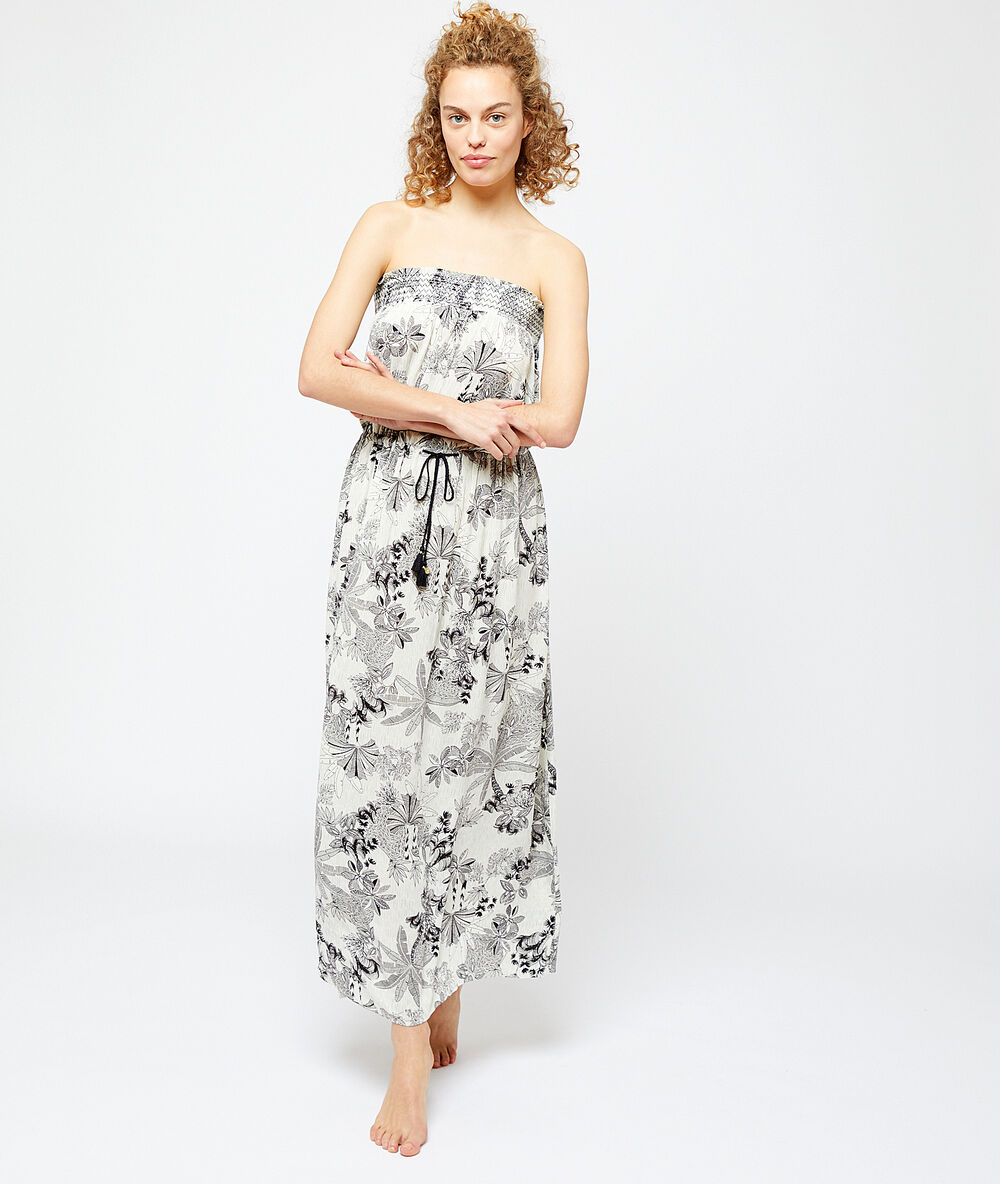 Nuisette bustier longue imprimé fleuri ecru.