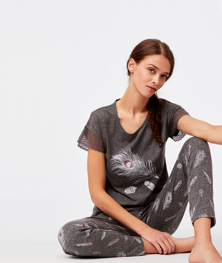 T-shirt manche dentelle imprimé plume anthracite.