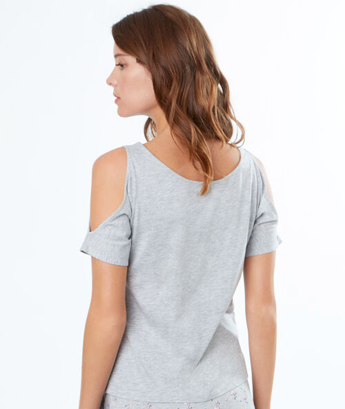 T-shirt épaules dénudées à message gris.