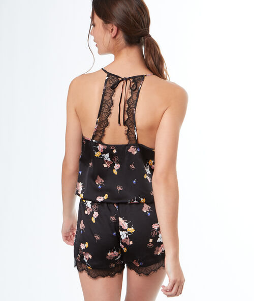 Combishort satin fleuri noir.