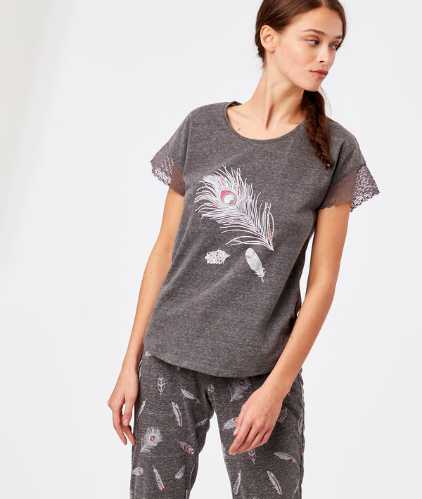 T-shirt manche dentelle imprimé plume T-shirt manche dentelle imprimé plume;${refinementColor}