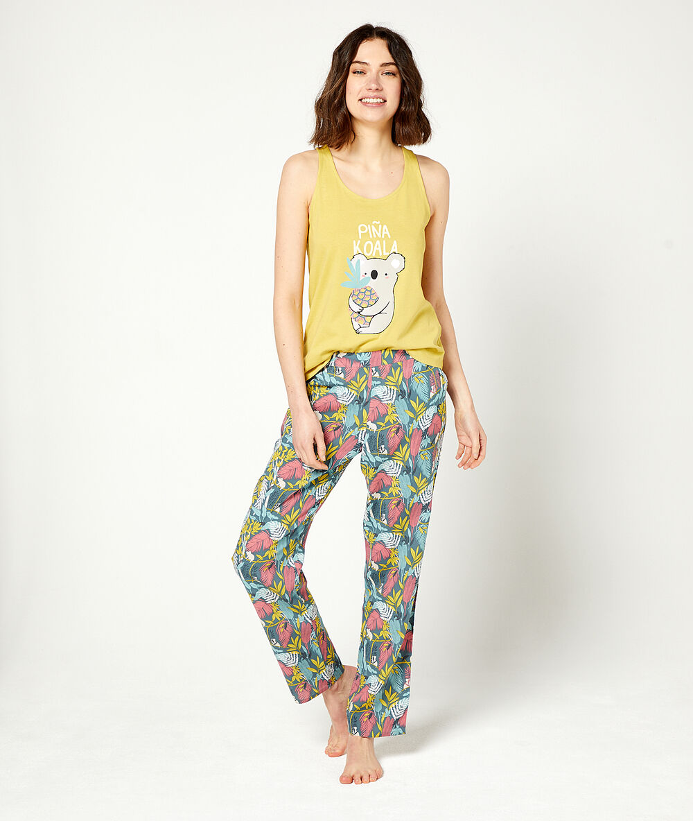 Pantalon imprimé fleuri kaki.