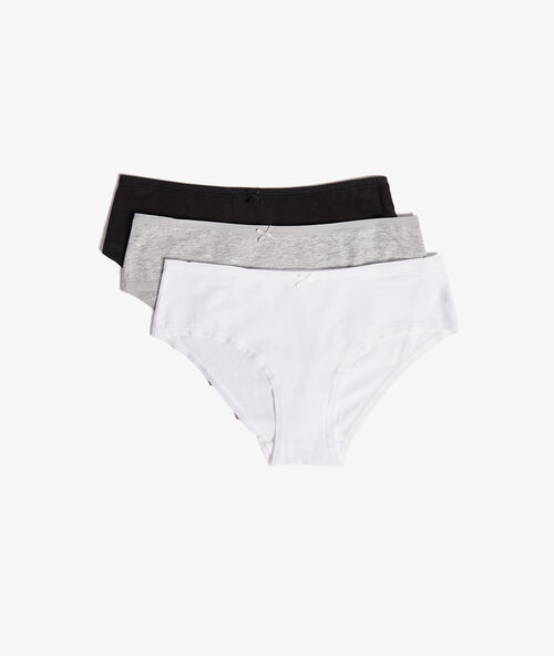 Lot de 3 shortys en coton blanc / noir / gris.